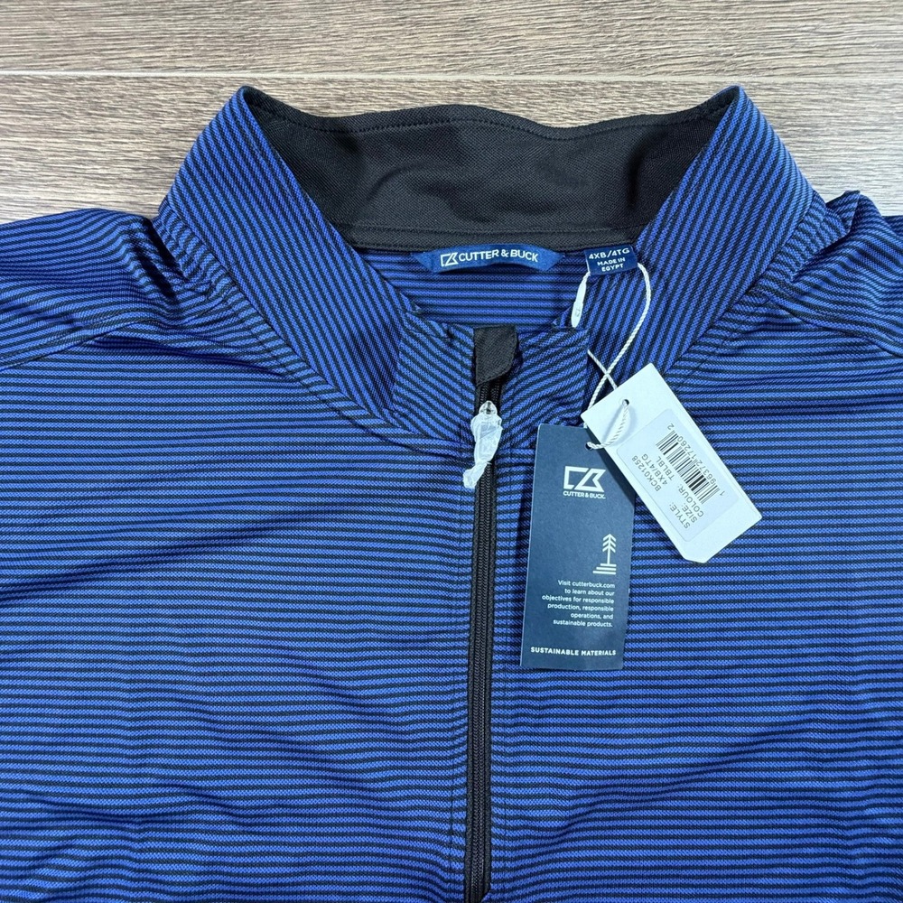 Cutter & Buck Mens Blue Striped Quarter Zip Pullover Mock Neck Preppy Golf 4XB